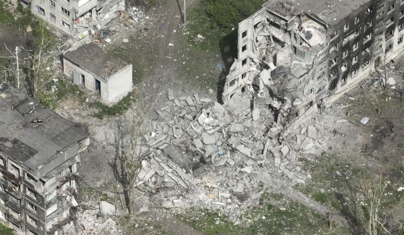 Drone video footage programs destruction in Chasiv Yar, an eastern Ukrainian city Russia is attacking